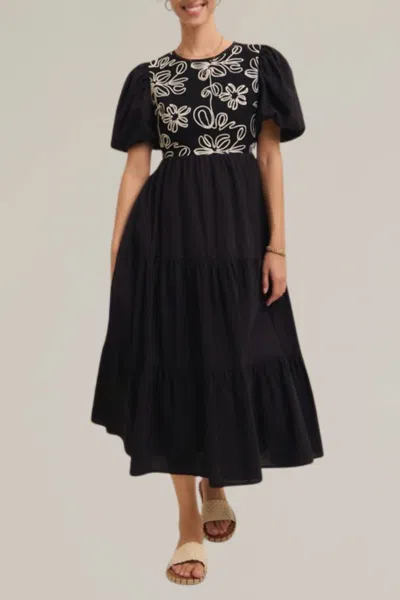 In February Embroidered Puff Sleeve Tiered Midi Dress In Black