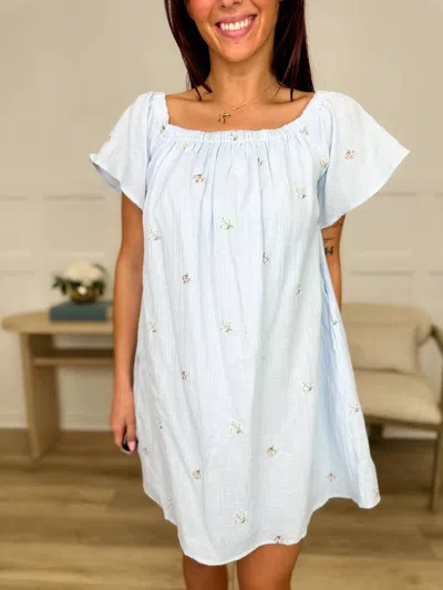 In February Floral Embroidered Cotton Mini Dress In Blue