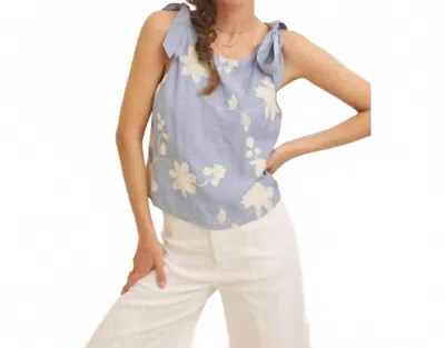 In February Floral Embroidered Tank Top In Dusty Blue