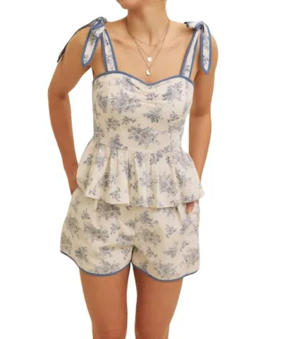 In February Floral Print Cotton Peplum Top In Denim Blue In Multi