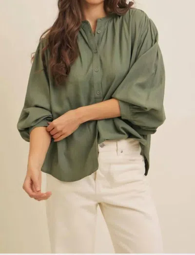 In February Francine Linen Blend Button Down Blouse In Green