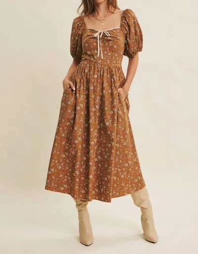 In February Golden Hour Floral Puff Sleeve Midi Dress With Pockets In Toffee In Multi