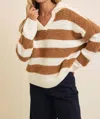 In February Little Bit More Striped Teddy Sweater In Cream/camel