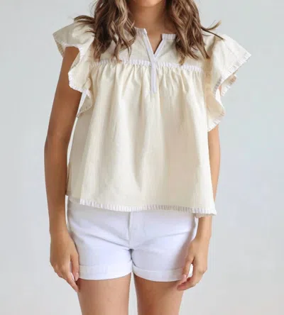 In February Lucia Flutter Sleeve Blouse With Contrast Trim In Ivory In Metallic
