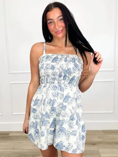 In February Palm Leaf Smocked Romper In Blue