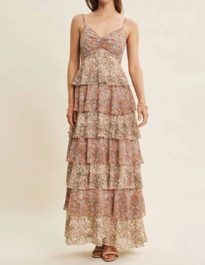 In February Penelope Tiered Ruffle Maxi Dress In Beige Multi