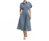 In February Pleated Button Down Midi Dress In Washed Denim In Blue