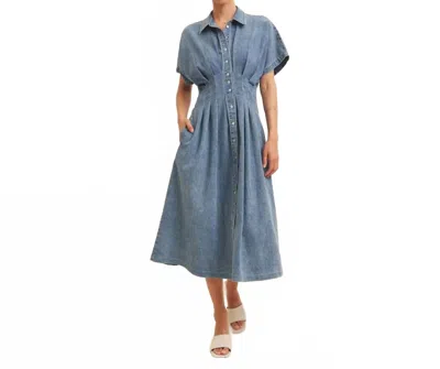 In February Pleated Button Down Midi Dress In Washed Denim In Blue