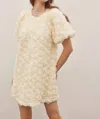 In February Rose Applique Bubble Sleeved Mini Dress In Vanilla In White