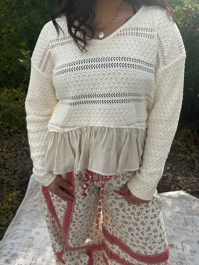 In February Ruffle Hem Lightweight V-neck Sweater Top In Ivory In Neutral