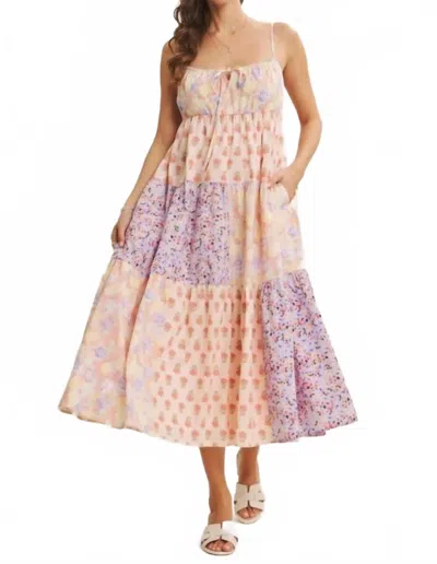 In February Softly Mixed Cotton Floral Tiered Midi Dress In Pink