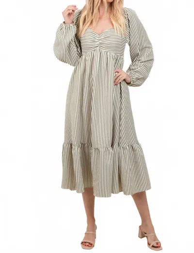 In February Stripe Ruched Midi Dress In Olive In Neutral