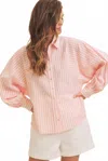 In February Striped Button Down Top In Coral In Pink