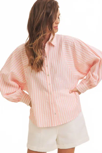 In February Striped Button Down Top In Coral In Pink