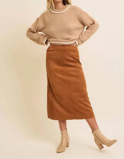In February Suede Back Slit Midi Skirt In Caramel In Brown