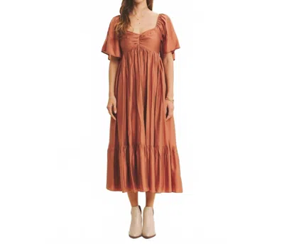 In February Sweetheart Smocked Flowy Midi Dress In Autumn Glaze In Brown