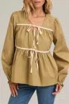 In February Tie Front Top With Balloon Sleeves In Olive In Green