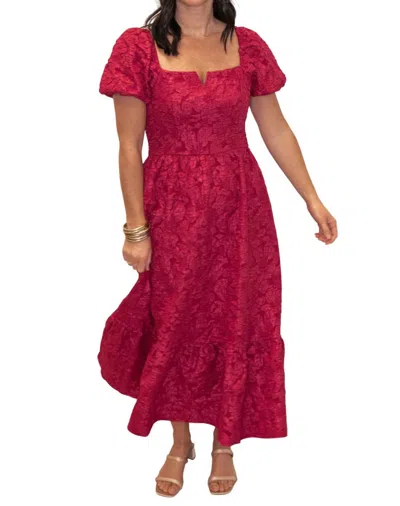In February Timeless Elegance Floral Jackerd Puff Sleeve Midi Dress In Burgundy In Red