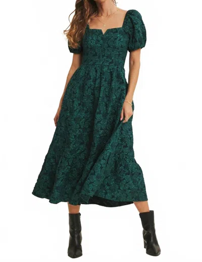 In February Timeless Elegance Floral Jackerd Puff Sleeve Midi Dress In Forest Green
