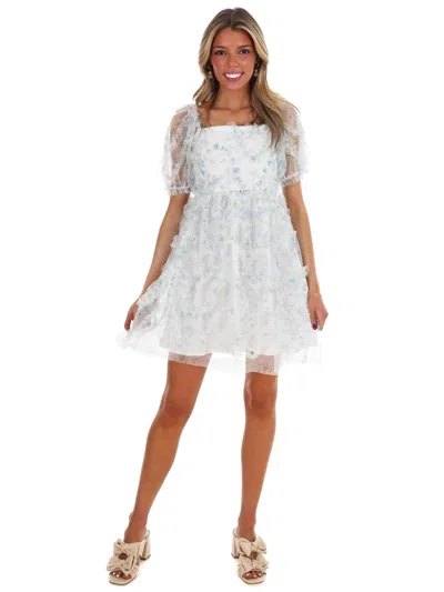 In February To Be Fair Floral Ruffle Mini Dress In Maya Blue In White