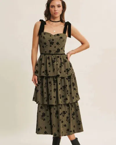 In February Velvet Flower Tiered Midi Dress In Olive In Brown