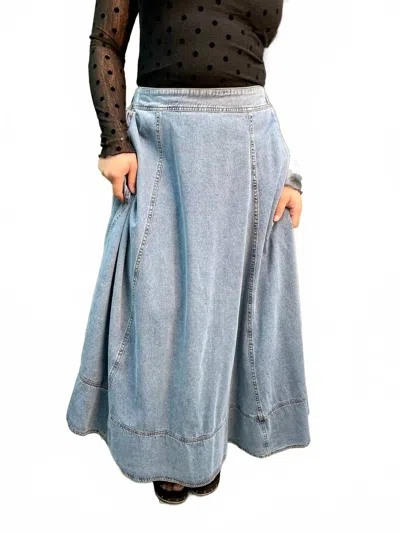In February Washed Denim Favorite Flair Midi Skirt With Contrast Stitch In Blue In Multi