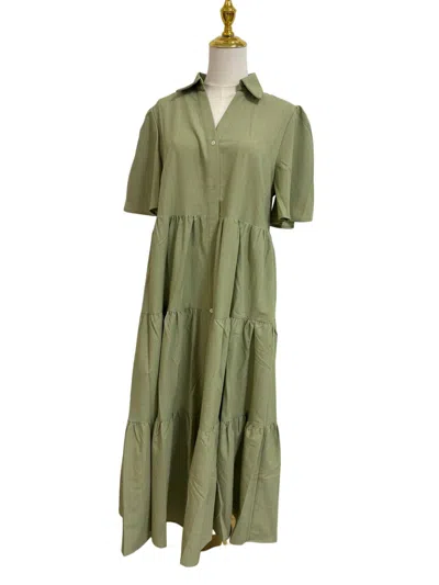 In February Women's Flutter Sleeve Button Down Shirt Midi Dress In Light Olive In Green