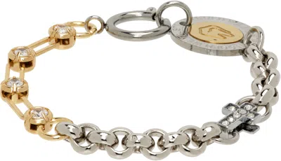 In Gold We Trust Paris Rolo & Crystal Chains Cross Charms Logo Bracelet In Silver
