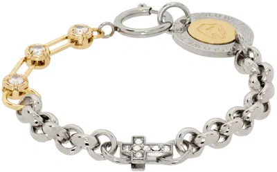 In Gold We Trust Paris Silver & Gold Cross Charm & Logo Clasp Bracelet In Palladium