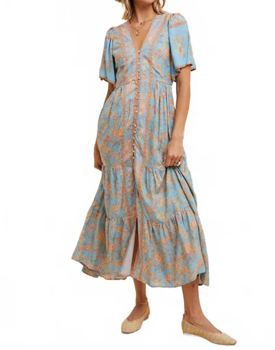 In-loom Border Front Button Front Midi Dress In Dusty Blue In Multi