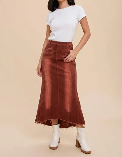 In-loom Garment Washed Corduroy Midi Skirt In Burnt Orange