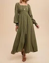In-loom Ruched Bodice Square Neck Maxi Dress In Olive In Green