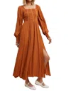 In-loom Rust Orange Ruched Bodice Square Neck Maxi Dress In Sepia In Multi