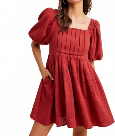 In-loom Sweetheart Puff Sleeves Mini Dress In Cranberry In Red
