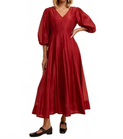 In-loom Tencel Fit And Flare Puff Sleeve Dress In Red