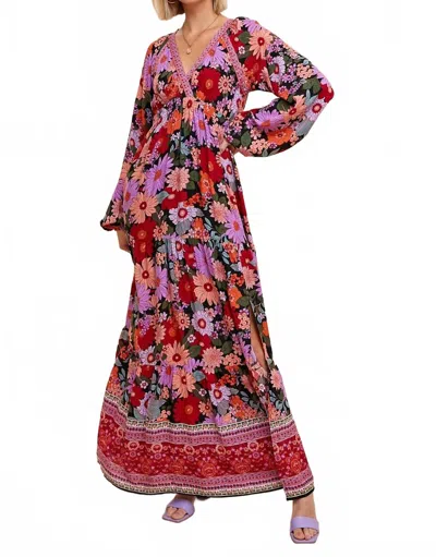 In-loom Women's Border Print Tiered Maxi Dress In Black Multi In Red