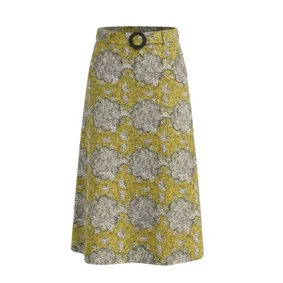 In Our Name Women's Kipipiri Printed Yellow Midi Skirt With Beaded Buckle
