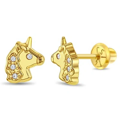 In Season Jewelry Kids'  14k Glimmering Clear Cubic Zirconia Unicorn Earrings In Gold