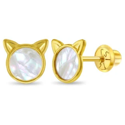 In Season Jewelry Kids'  14k Mother Of Pearl Kitty Earrings In Gold