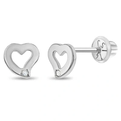 In Season Jewelry Babies'  14k Open Heart Diamond Earrings In Silver