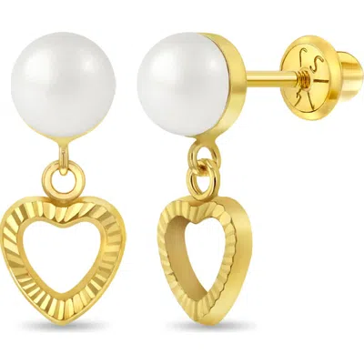 In Season Jewelry Kids'  14k Pearl Heart Dangle Girl Earrings In Gold