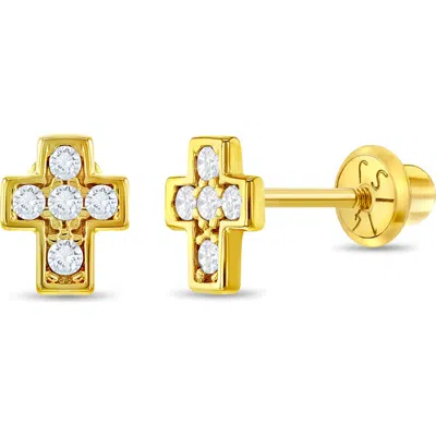 In Season Jewelry Babies'  14k Petite Cubic Zirconia Cross Earrings In Gold