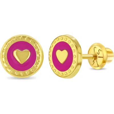 In Season Jewelry Kids'  14k Round Pink Heart Earrings In Gold