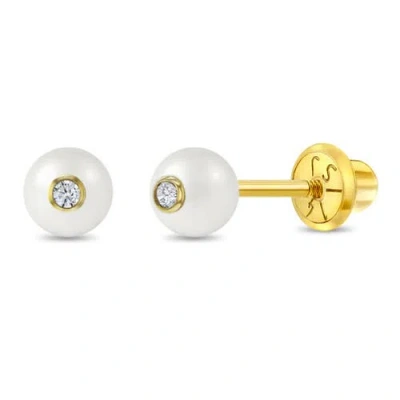 In Season Jewelry Babies'  14k Simulated Pearl And Cubic Zirconia Earrings In Gold