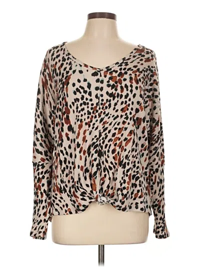 Pre-owned I.n. Studio Long Sleeve Top Brown Animal Print Pattern Scoop Neck Tops