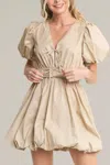 In The Beginning Front Bow Detail Mini Bubble Dress In Khaki In Green