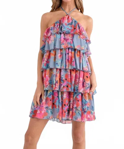 In The Beginning Halter Mini Dress In Pink And Blue Flora In Multi