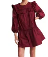 In The Beginning Long Sleeve Ruffle Mini Dress In Burgundy In White