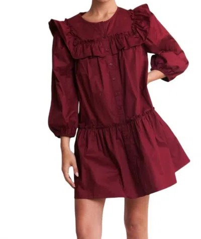In The Beginning Long Sleeve Ruffle Mini Dress In Burgundy In White