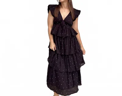 In The Beginning Ruffle Polka Dot Midi Dress In Black In Brown